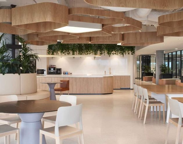 Cafeteria and communal seating area in a corporate environment