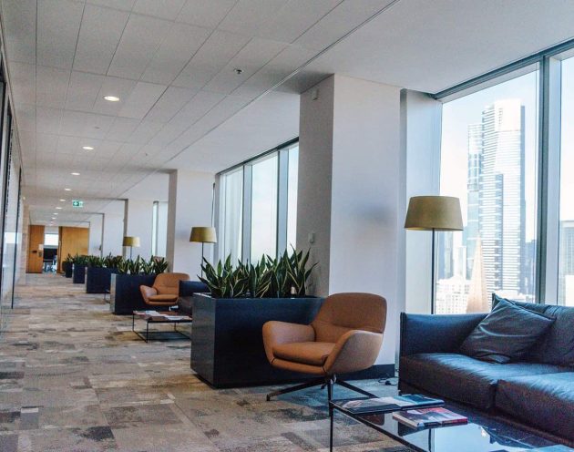 Corporate office corridor with plants in large planters